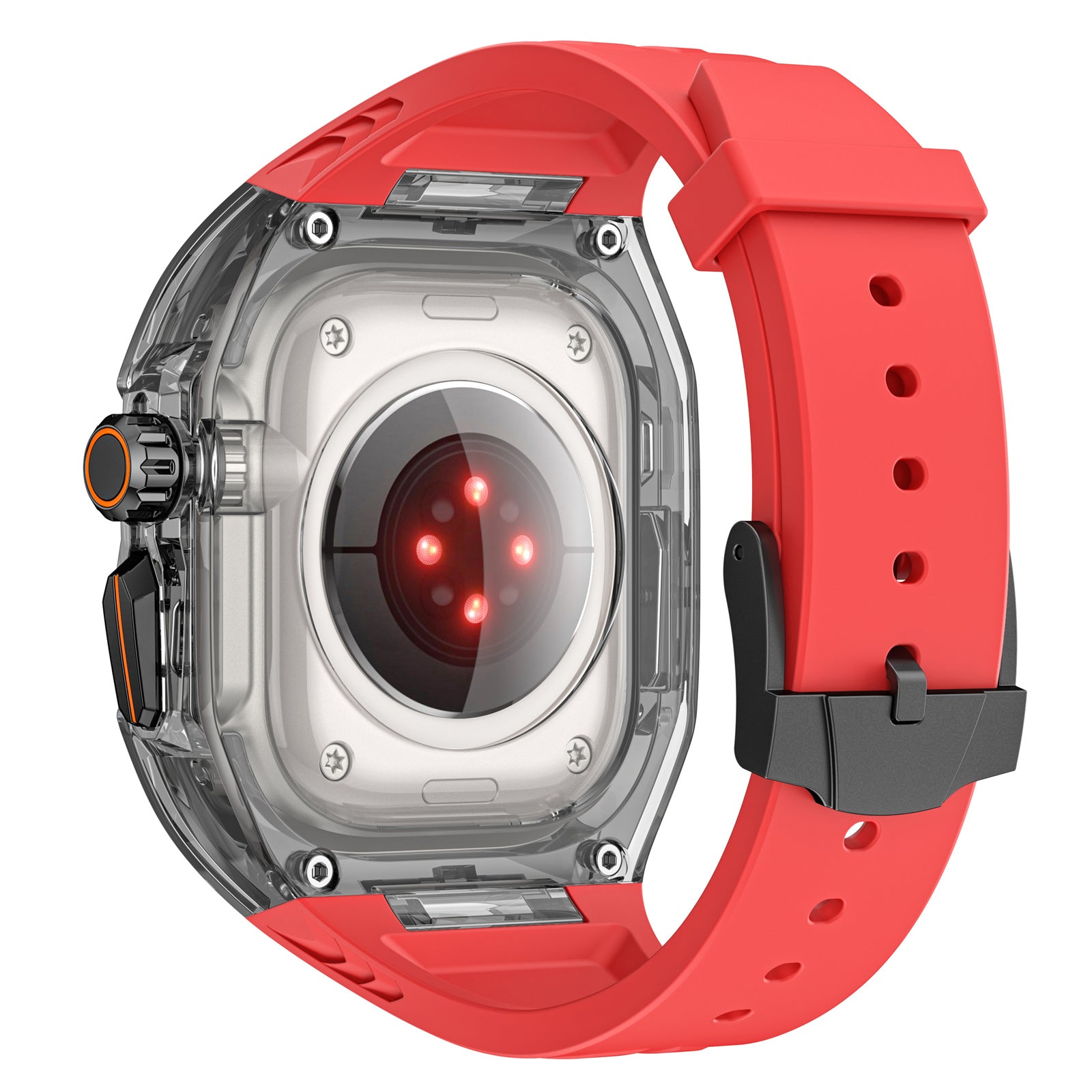 For Apple Watch Series 9 8 7 45mm / 6 5 4 SE (2023) SE (2022) SE 44mm TPU Watch Bands with Hard PC Case - Orange+Transparent Black For Apple Watch Series 9 8 7 45mm / 6 5 4 SE (2023) SE (2022) SE 44mm TPU Watch Bands with Hard PC Case - Orange+Transparent Black
